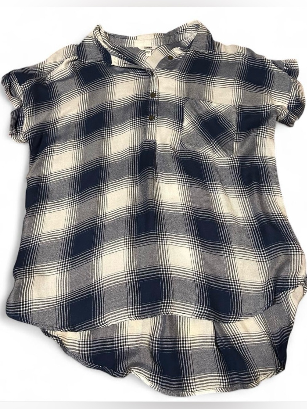 sonoma navy blue and white plaid short sleeve top with button details